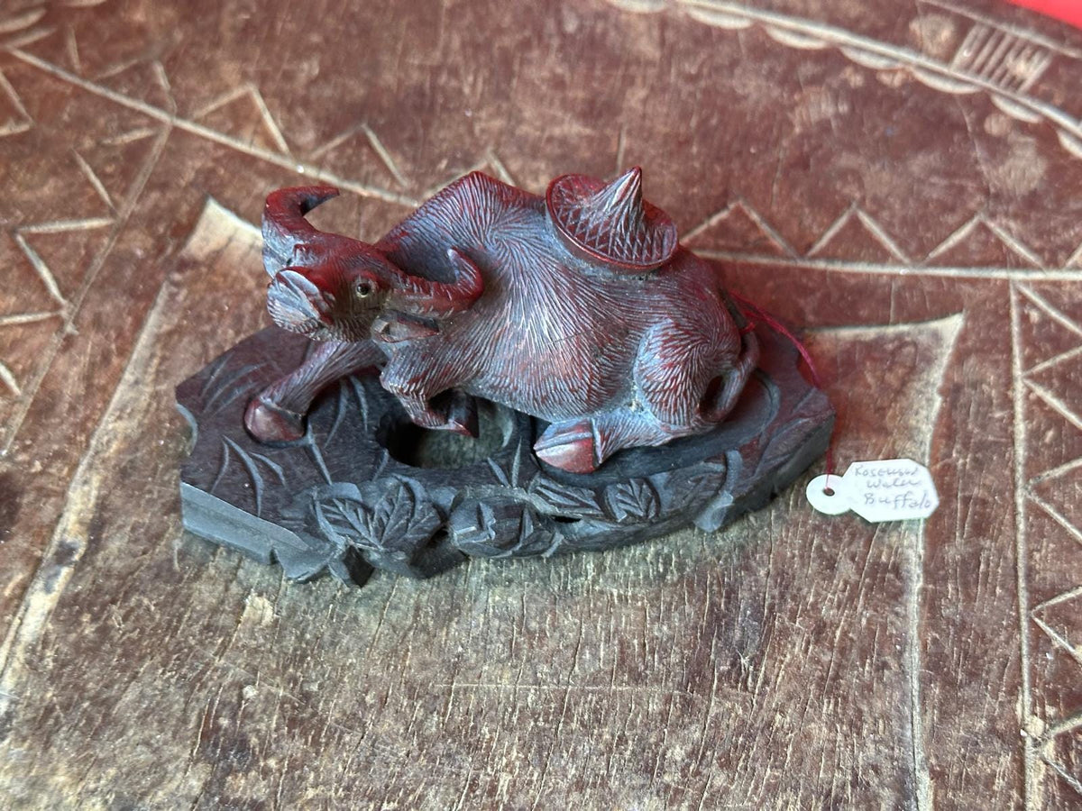 Vintage Hand Carved Rosewood Water Buffalo Figurine – Reclining w/ Stand 3.5"
