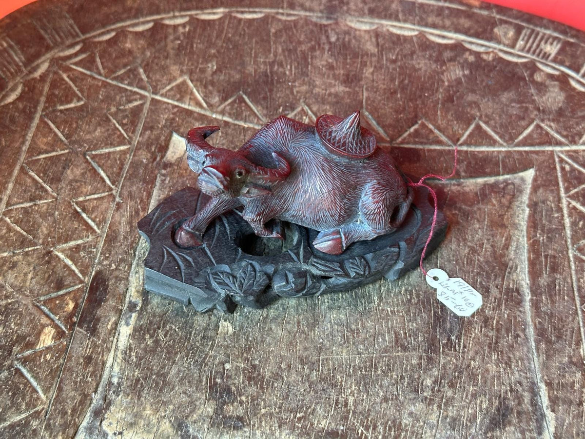 Vintage Hand Carved Rosewood Water Buffalo Figurine – Reclining w/ Stand 3.5"