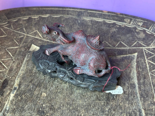 Vintage Hand Carved Rosewood Water Buffalo Figurine – Reclining w/ Stand 3.5"