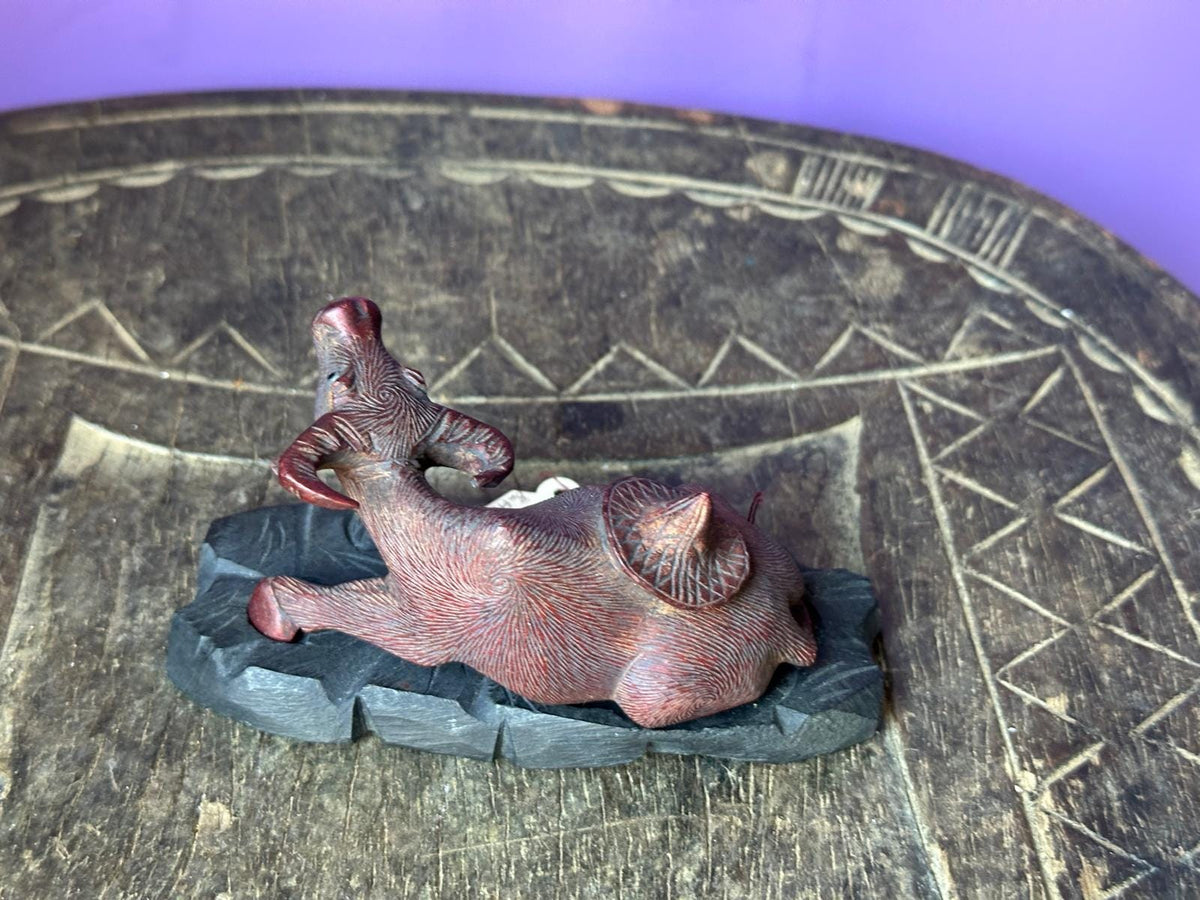 Vintage Hand Carved Rosewood Water Buffalo – Reclining w/ Carved Base 3.5"