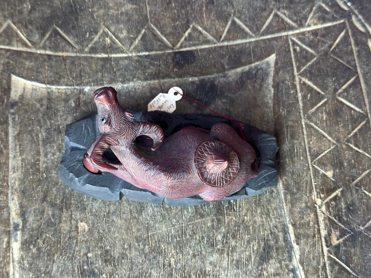 Vintage Hand Carved Rosewood Water Buffalo – Reclining w/ Carved Base 3.5"
