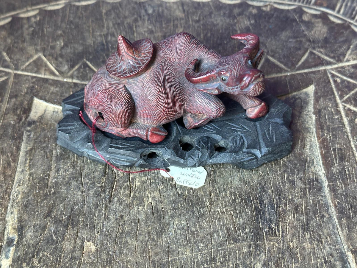 Vintage Hand Carved Rosewood Water Buffalo – Reclining w/ Carved Base 3.5"