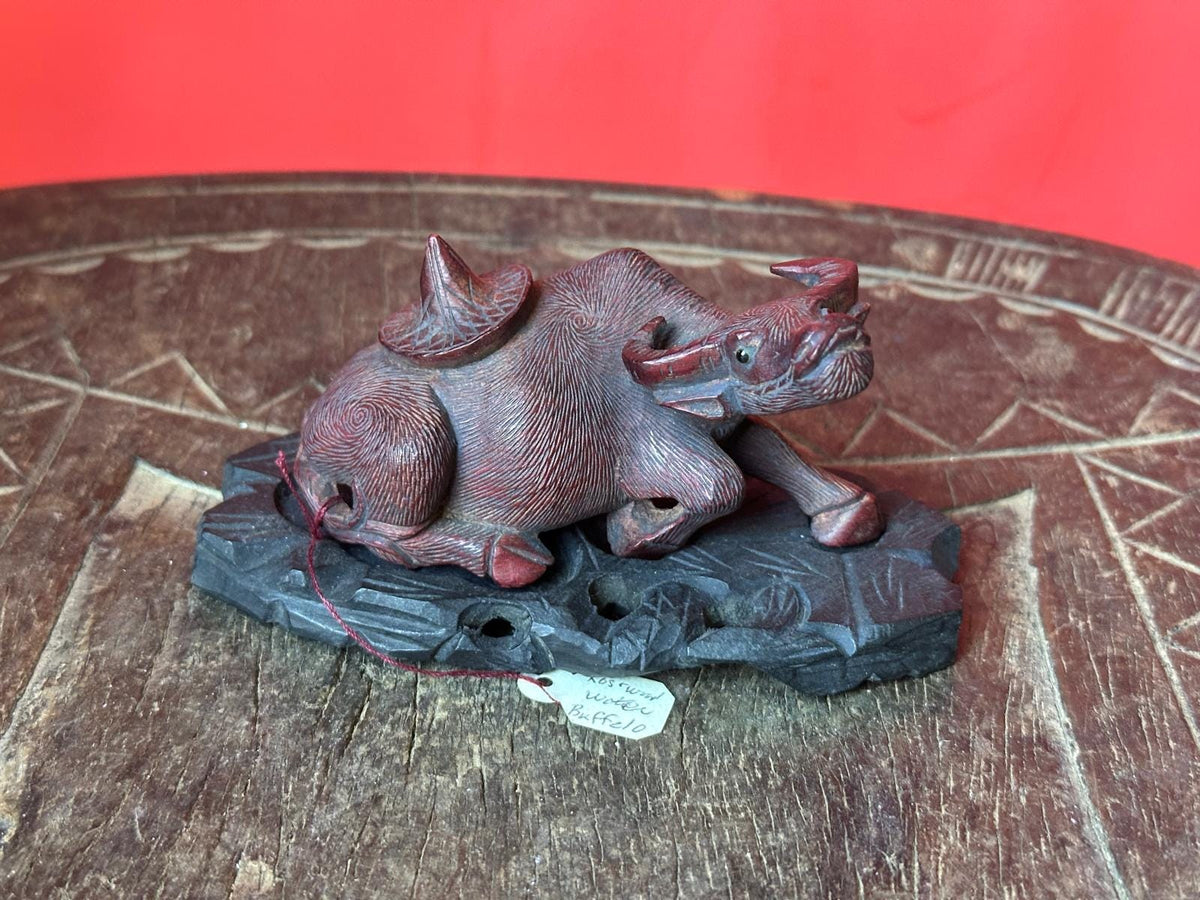 Vintage Hand Carved Rosewood Water Buffalo – Reclining w/ Carved Base 3.5"