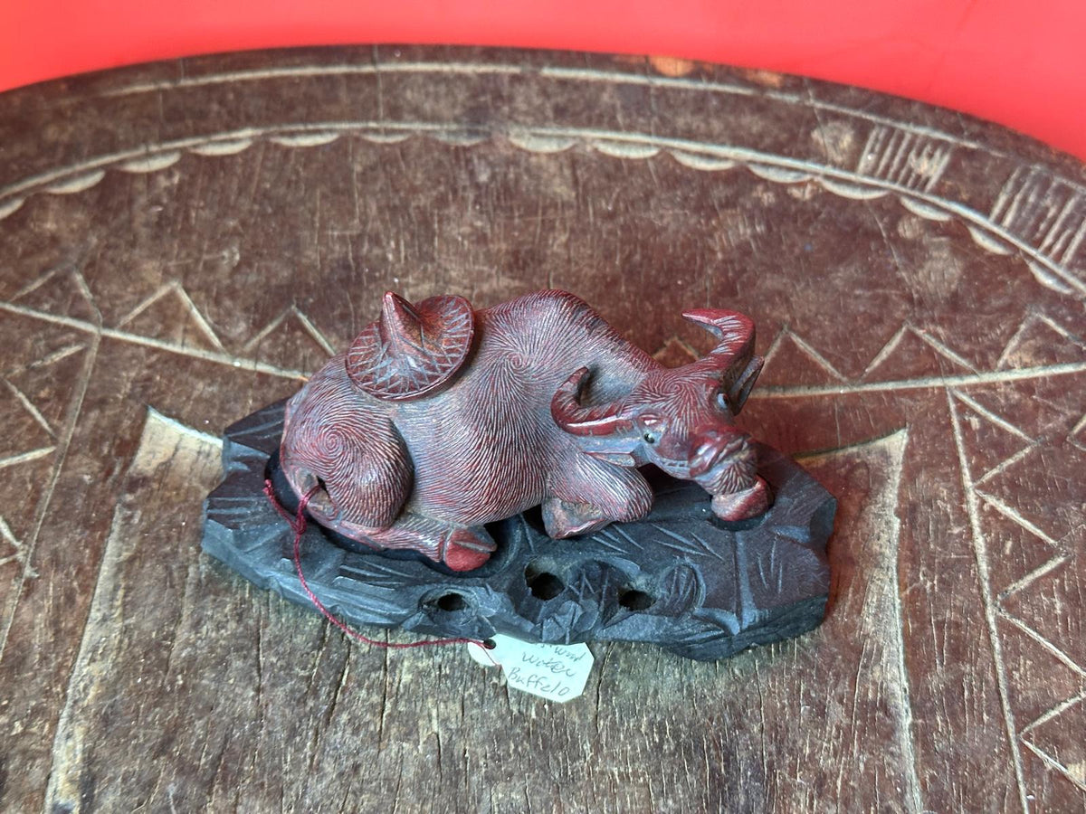 Vintage Hand Carved Rosewood Water Buffalo – Reclining w/ Carved Base 3.5"