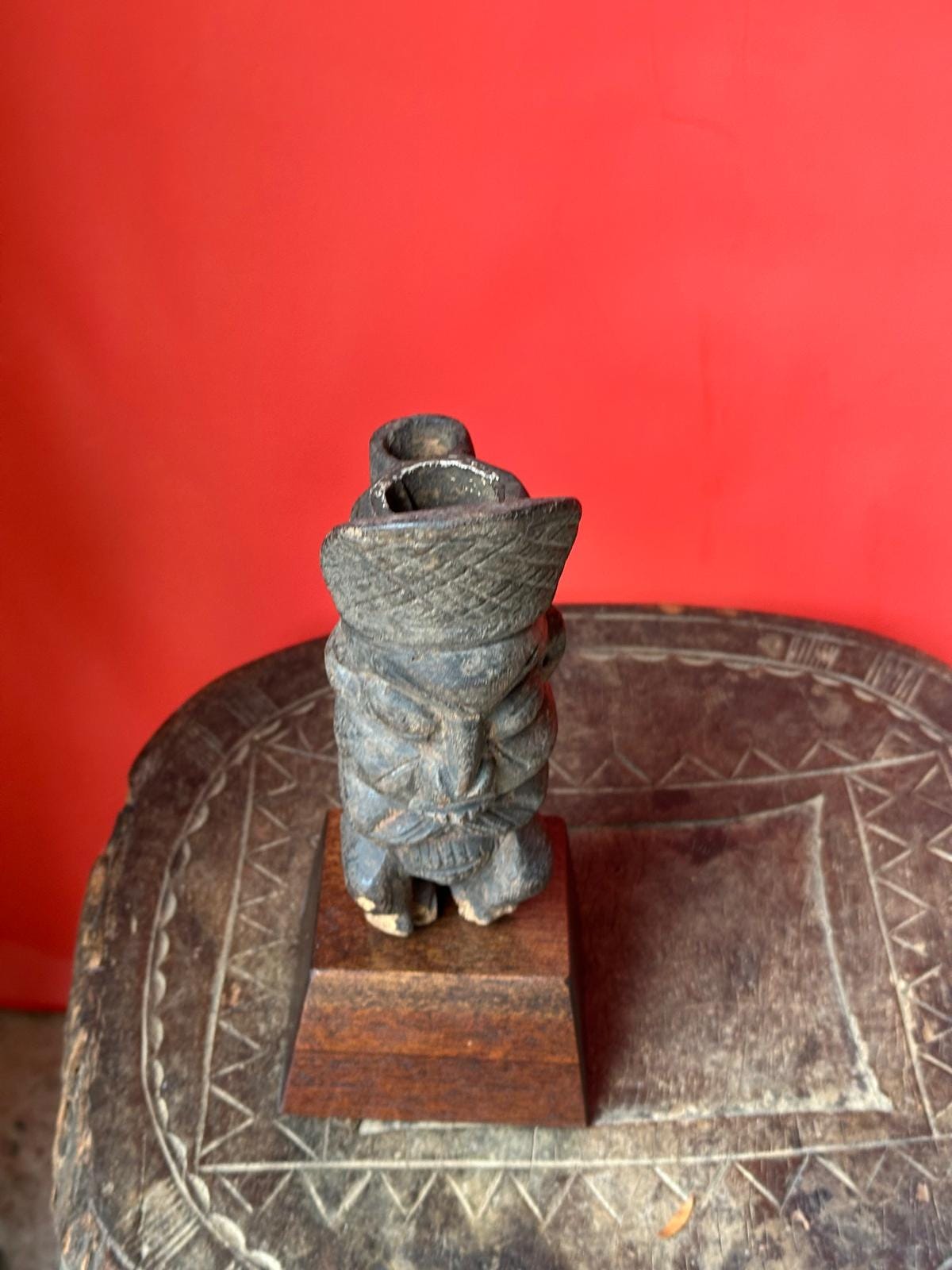 Vintage Bamileke Figural Pipe Carved Ancestral Head Cameroon African Art