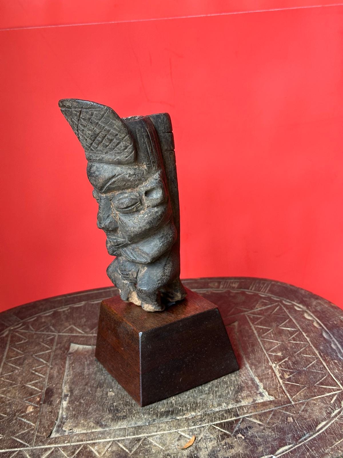 Vintage Bamileke Figural Pipe Carved Ancestral Head Cameroon African Art