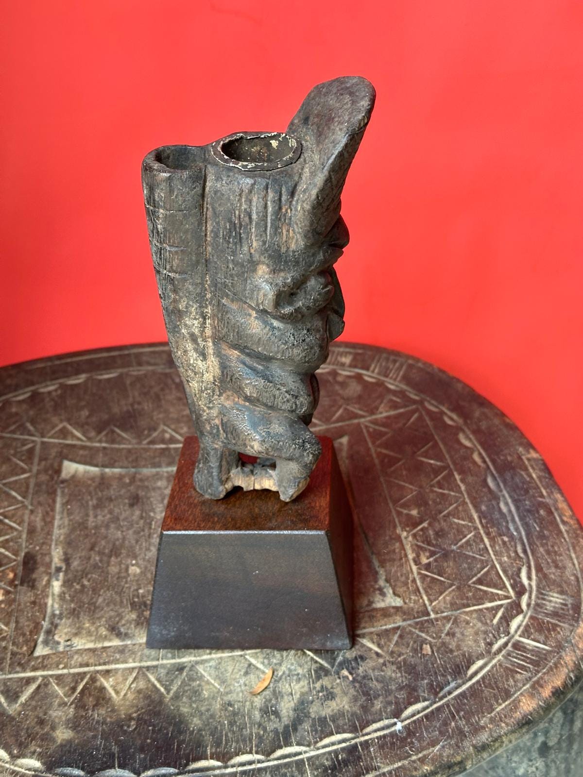 Vintage Bamileke Figural Pipe Carved Ancestral Head Cameroon African Art