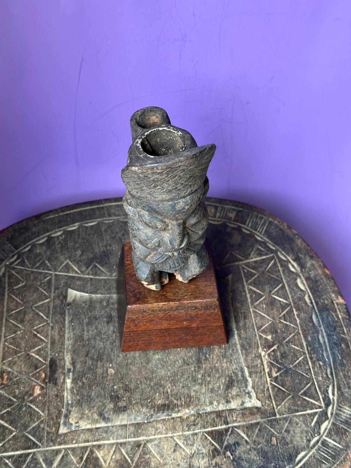Vintage Bamileke Figural Pipe Carved Ancestral Head Cameroon African Art