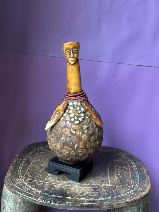 Vintage Lega Bwami Society Ritual Vessel Multi Headed Gourd Form Congo 12"