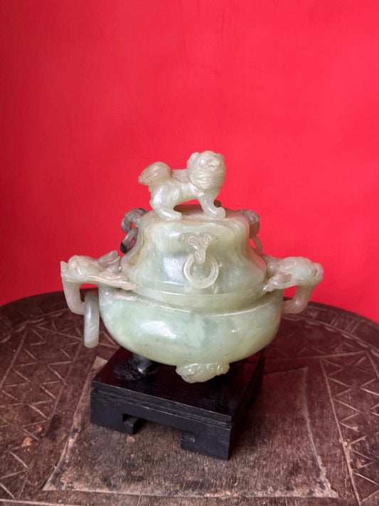 Vintage Chinese Carved Green Hardstone Tripod Censer – Foo Dog Lid on Stand 6"