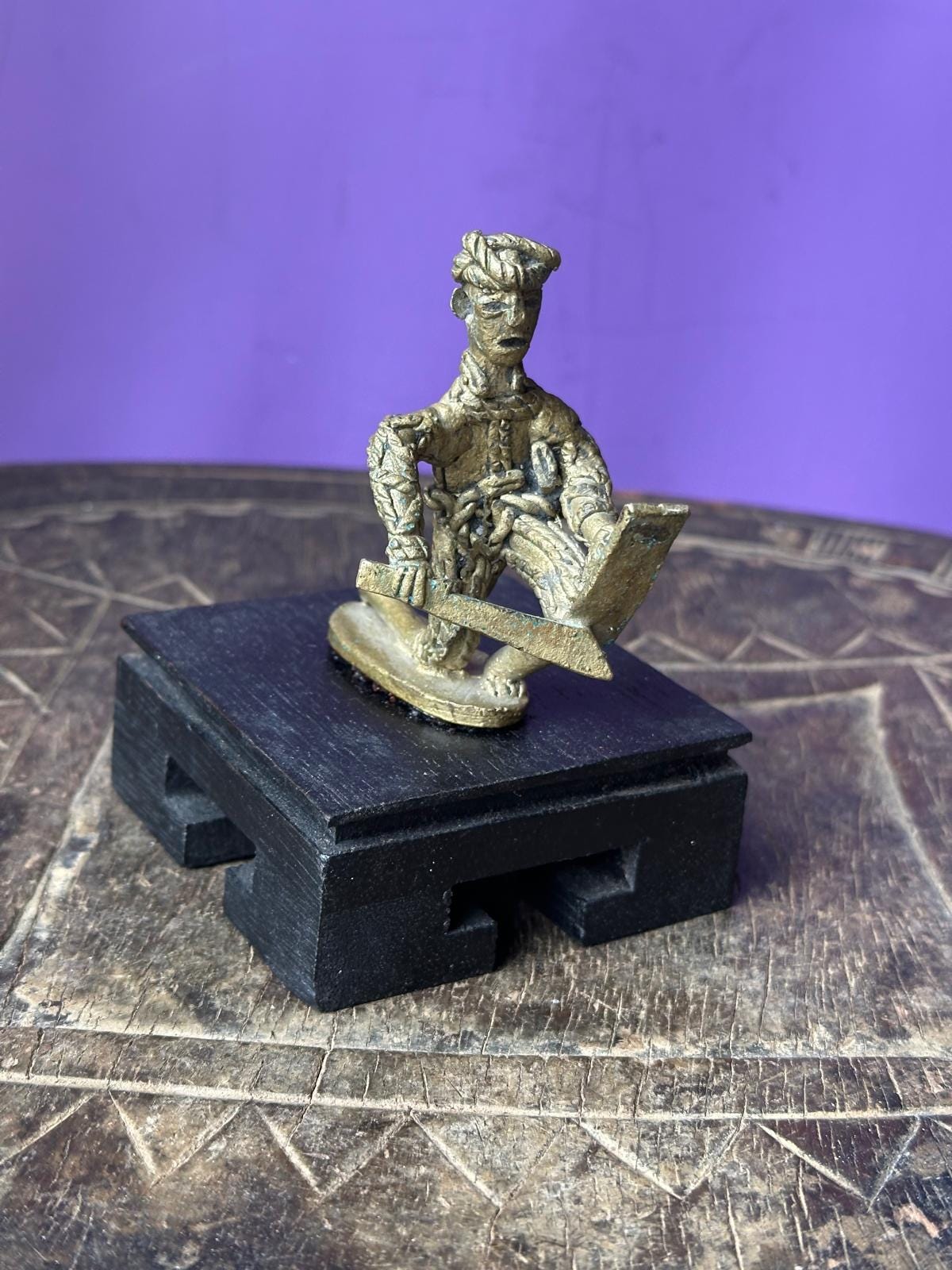 Vintage African Bronze Sculpture – Kneeling Warrior with Shield 2.8"