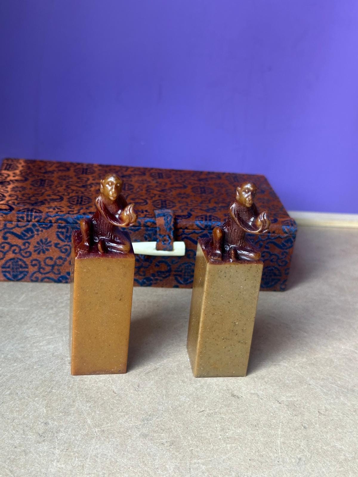 Vintage Chinese Carved Stone Seal Chop Set – Blank Monkey Pair Boxed 3.5"