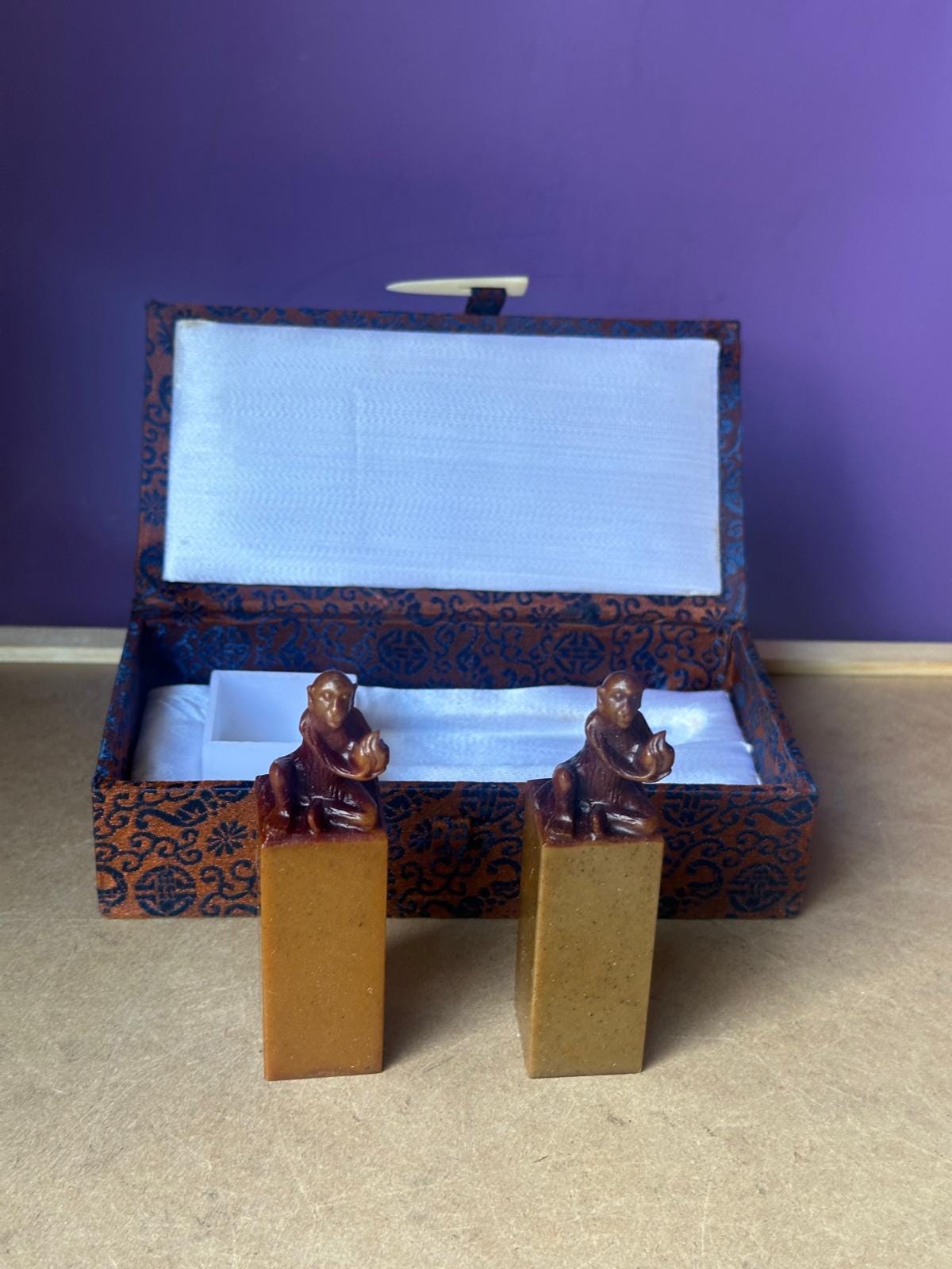 Vintage Chinese Carved Stone Seal Chop Set – Blank Monkey Pair Boxed 3.5"