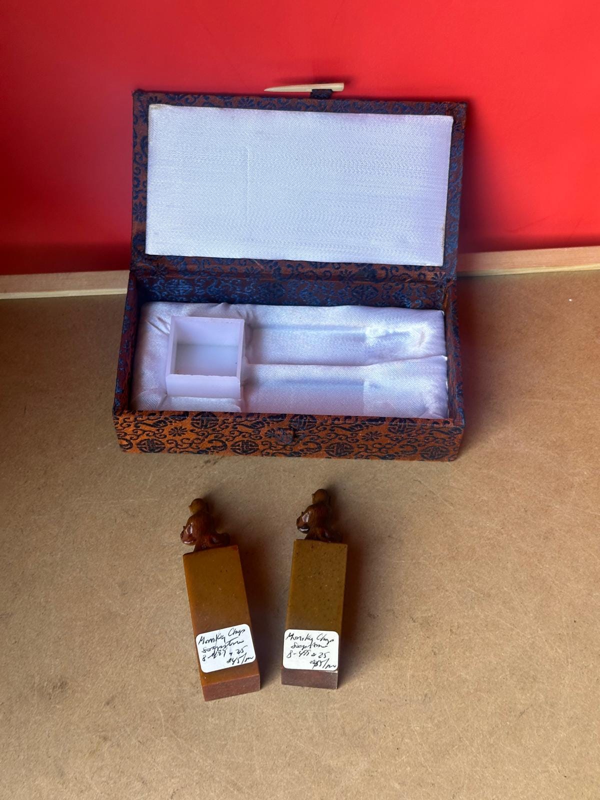 Vintage Chinese Carved Stone Seal Chop Set – Blank Monkey Pair Boxed 3.5"