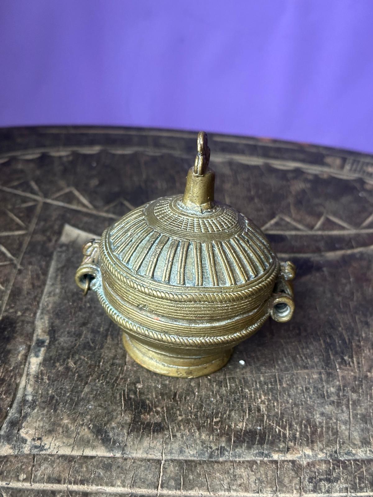 Vintage Indian Bronze Kumkum Tikka Box Ribbed Lidded Ritual Pot 3"