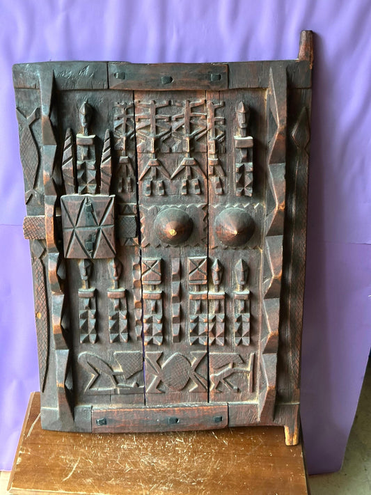 Vintage African Dogon Granary Door - Hand Carved Wood Tribal Art - Mali, 26"x16"