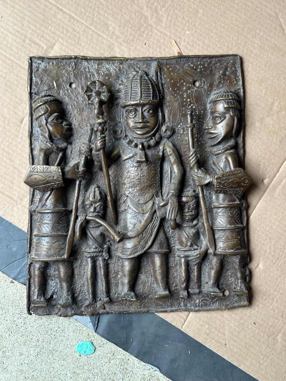 Vintage Benin Bronze Relief Plaque | Oba & Attendants | Nigerian African Art 14"