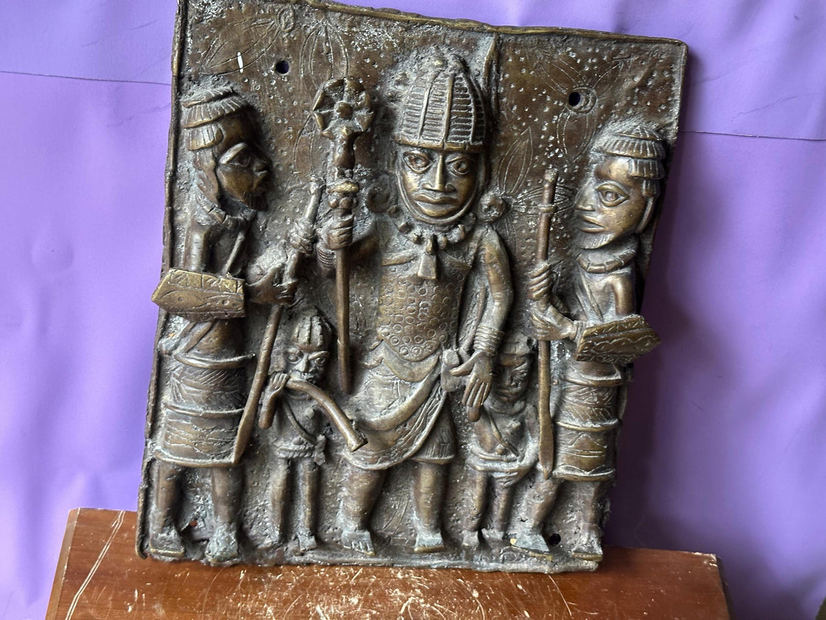 Vintage Benin Bronze Relief Plaque | Oba & Attendants | Nigerian African Art 14"