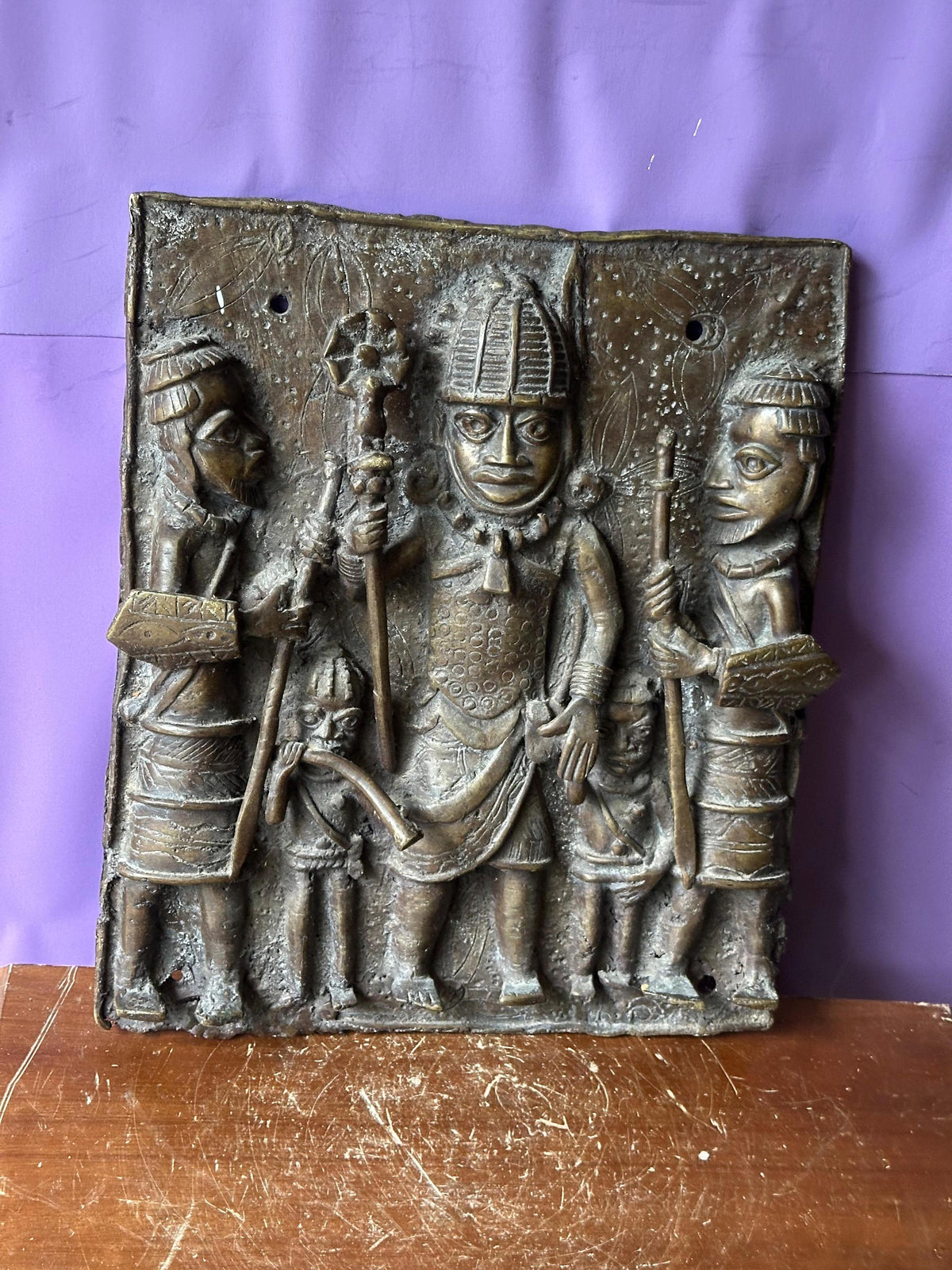 Vintage Benin Bronze Relief Plaque | Oba & Attendants | Nigerian African Art 14"