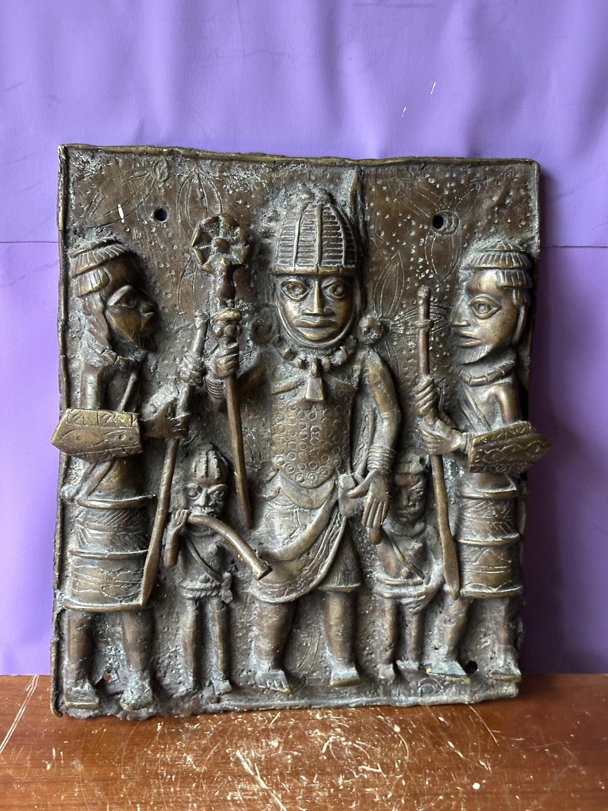 Vintage Benin Bronze Relief Plaque | Oba & Attendants | Nigerian African Art 14"