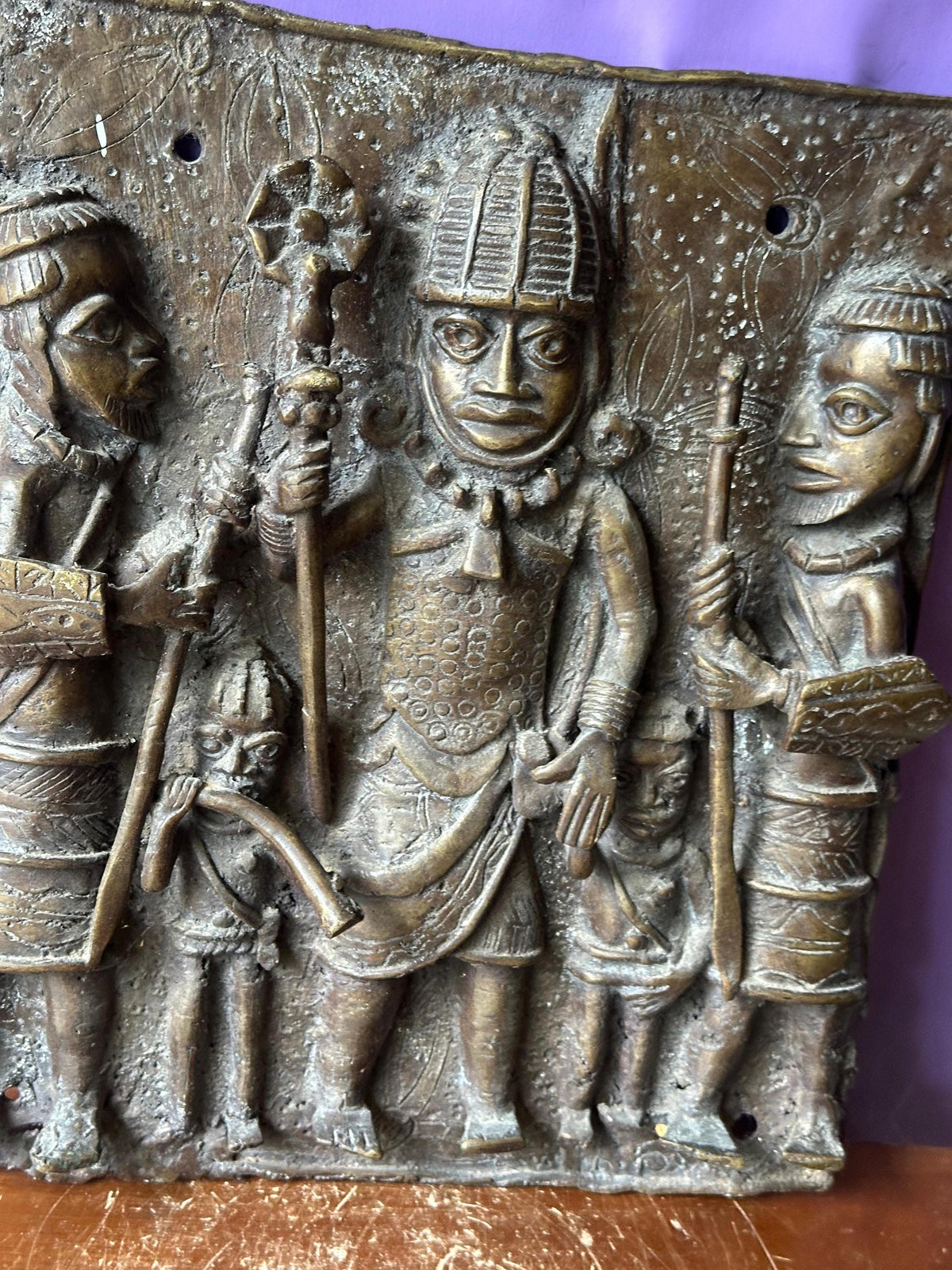 Vintage Benin Bronze Relief Plaque | Oba & Attendants | Nigerian African Art 14"