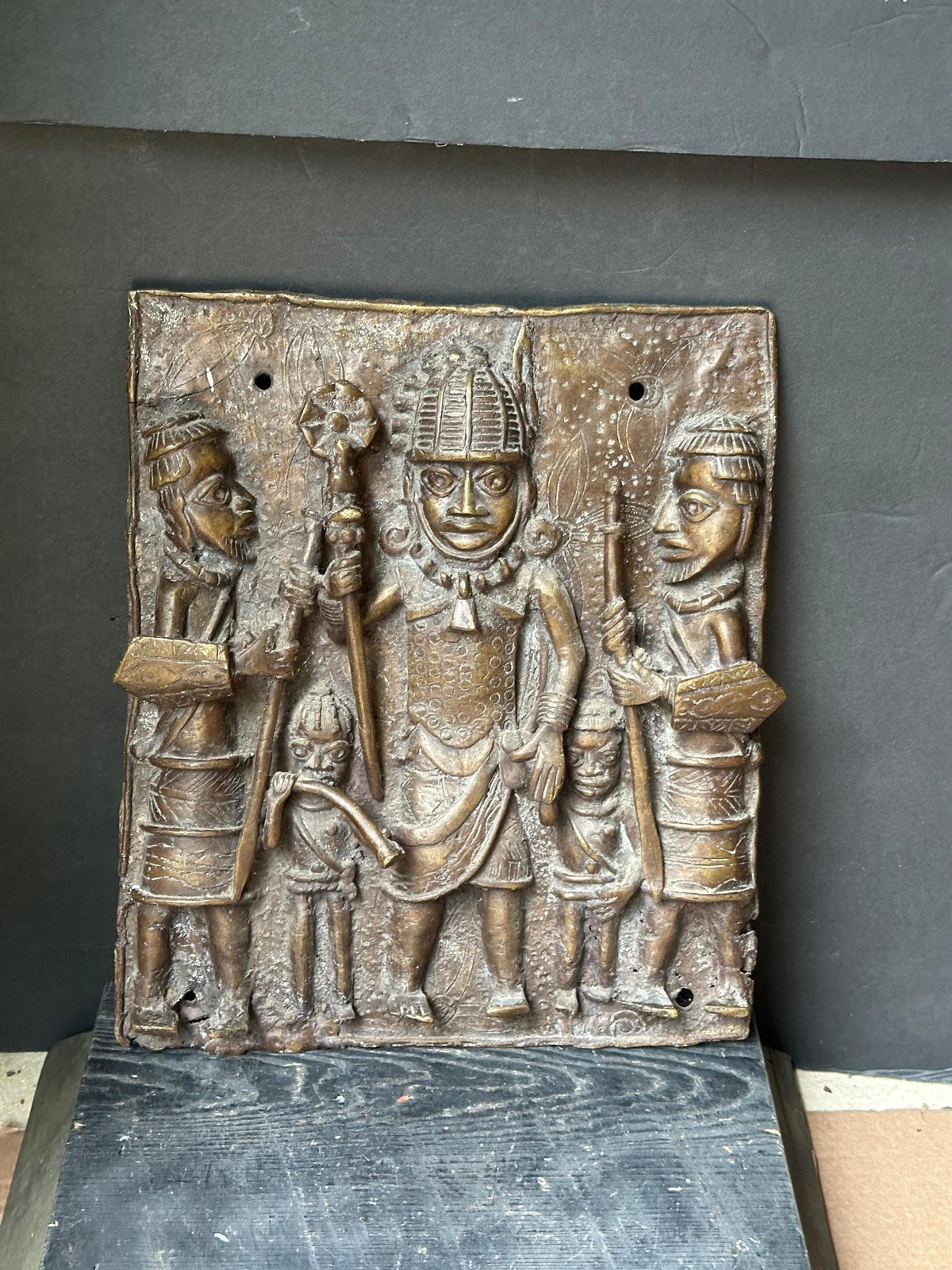 Vintage Benin Bronze Relief Plaque | Oba & Attendants | Nigerian African Art 14"