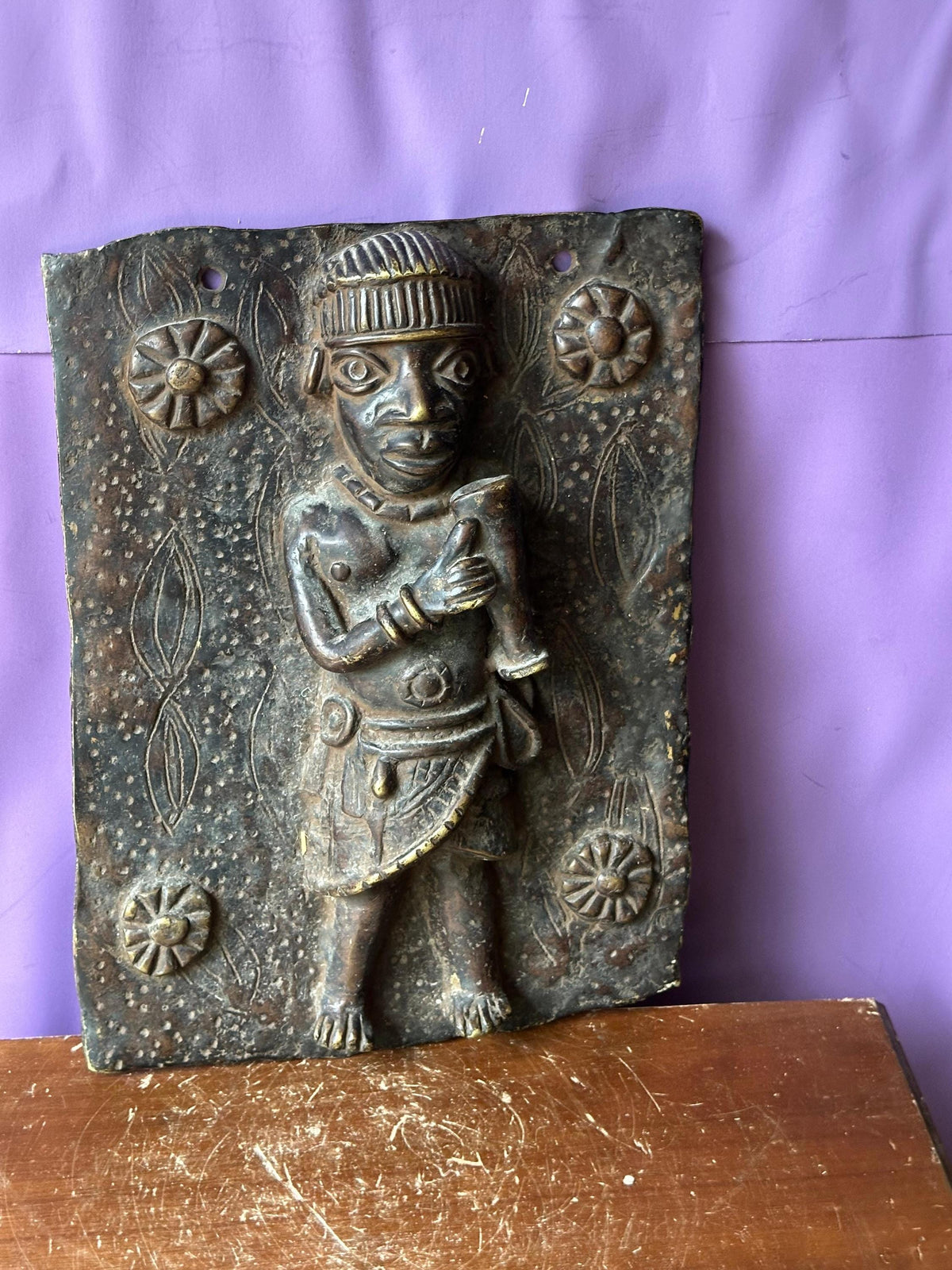 Vintage 14" Benin Bronze Plaque | Royal Court Figure | Nigerian African Wall Art