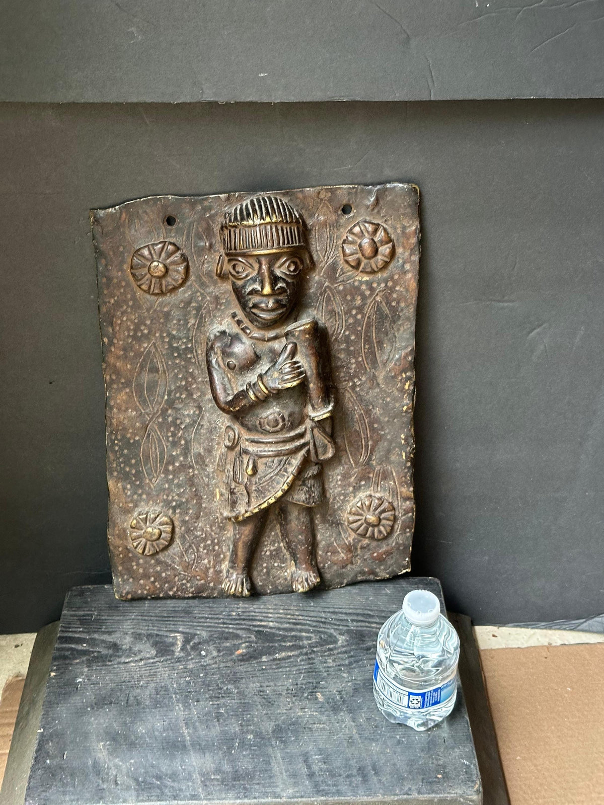 Vintage 14" Benin Bronze Plaque | Royal Court Figure | Nigerian African Wall Art