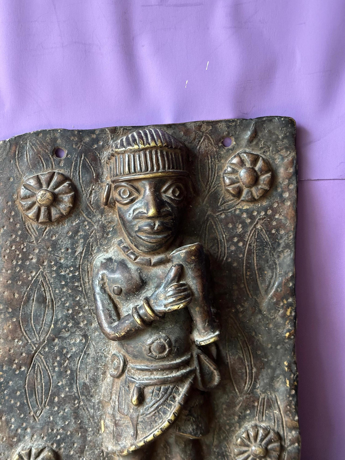 Vintage 14" Benin Bronze Plaque | Royal Court Figure | Nigerian African Wall Art