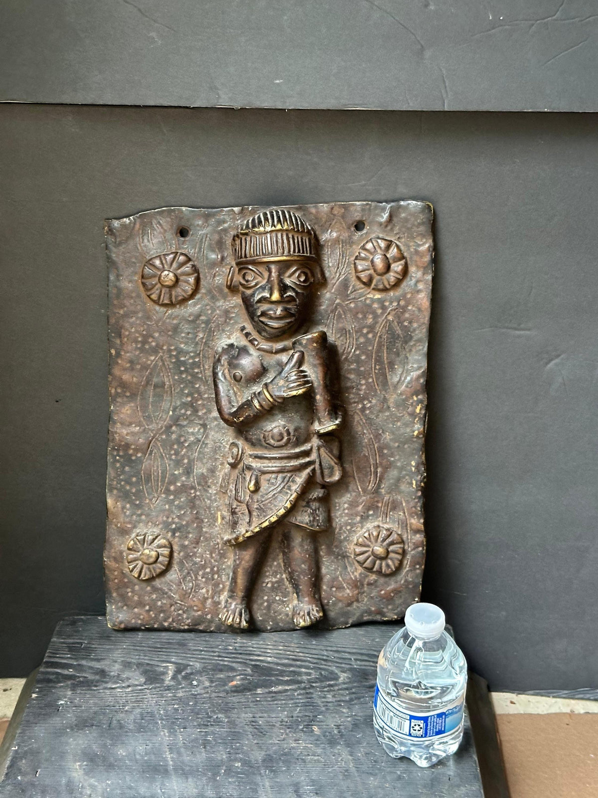 Vintage 14" Benin Bronze Plaque | Royal Court Figure | Nigerian African Wall Art