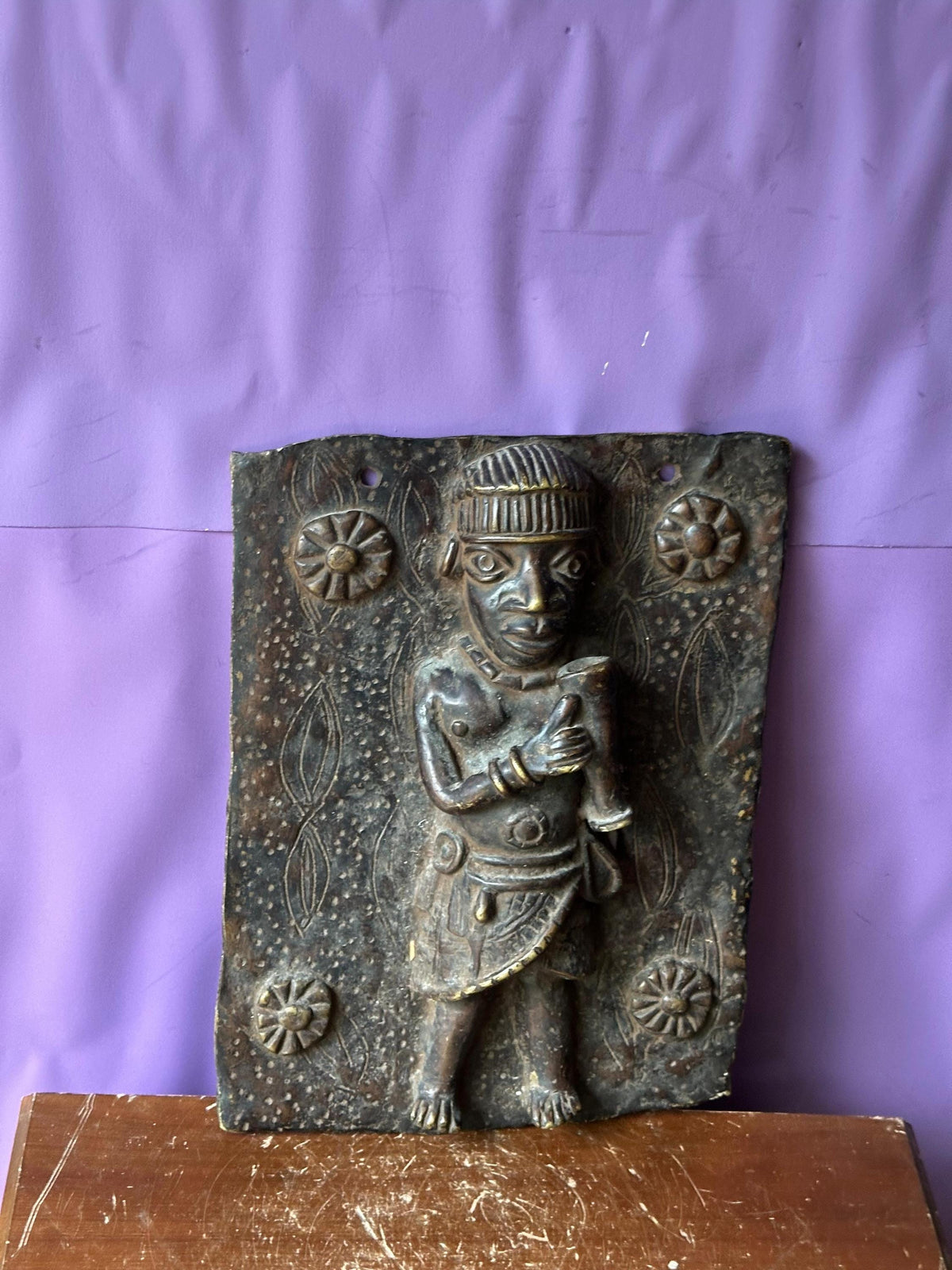 Vintage 14" Benin Bronze Plaque | Royal Court Figure | Nigerian African Wall Art