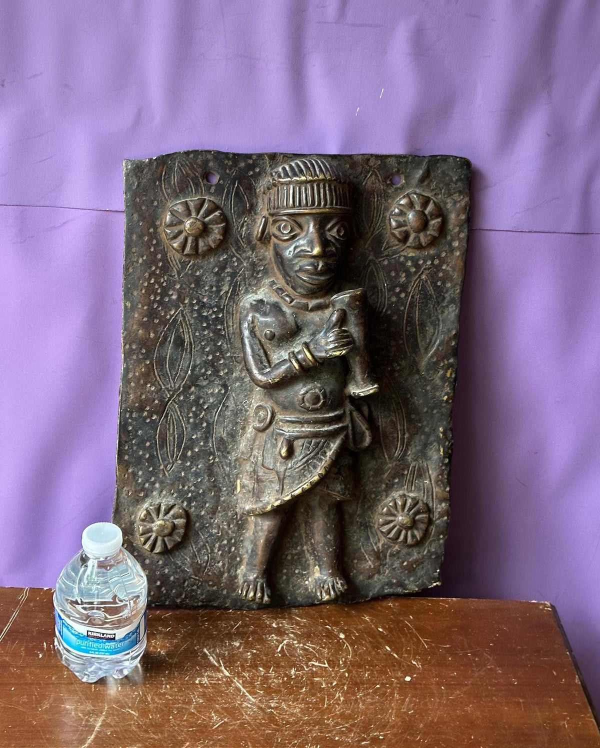 Vintage 14" Benin Bronze Plaque | Royal Court Figure | Nigerian African Wall Art