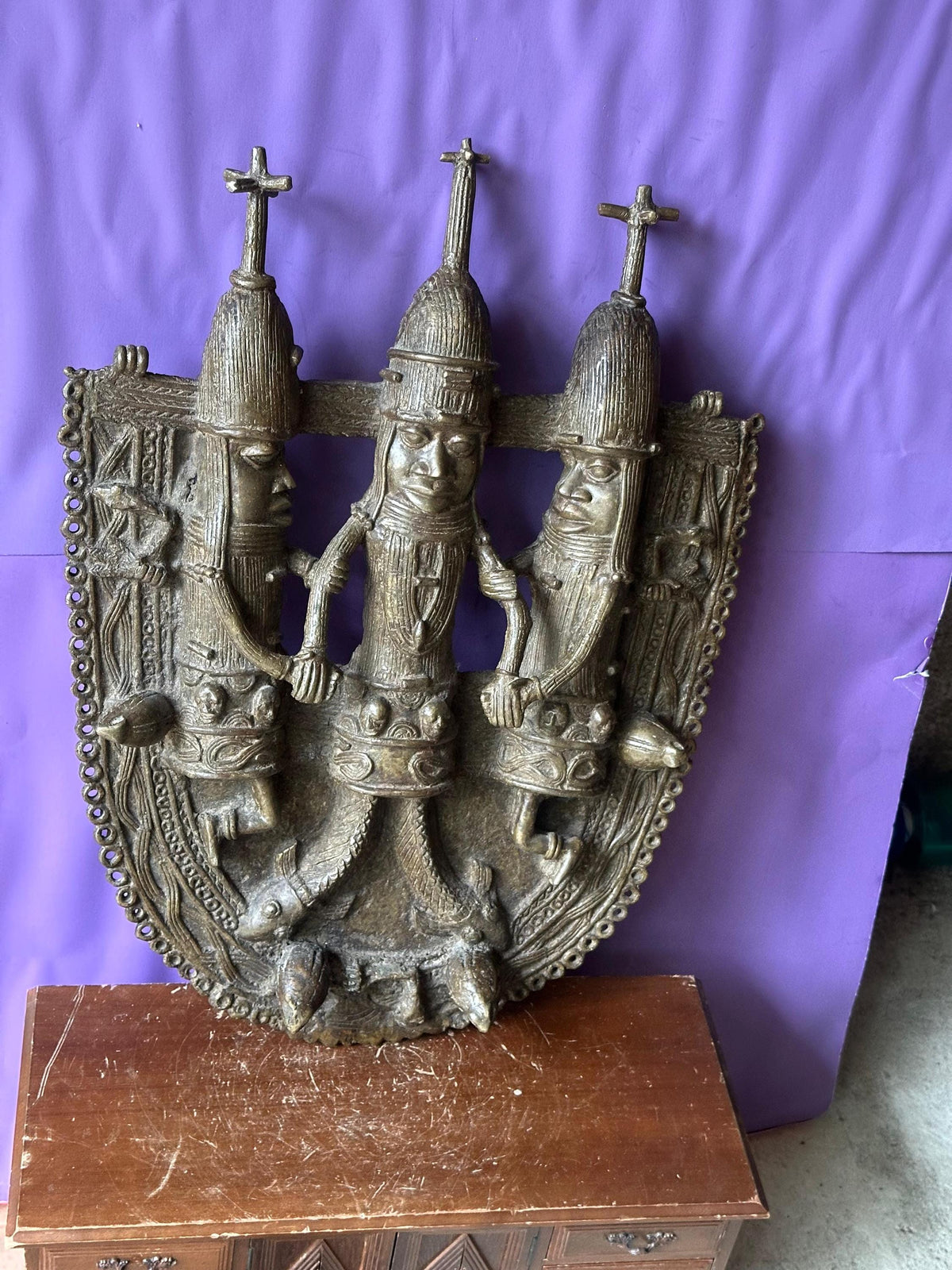 Huge 22" Benin Bronze Plaque | Oba with Mudfish Legs | African Wall Art Nigeria