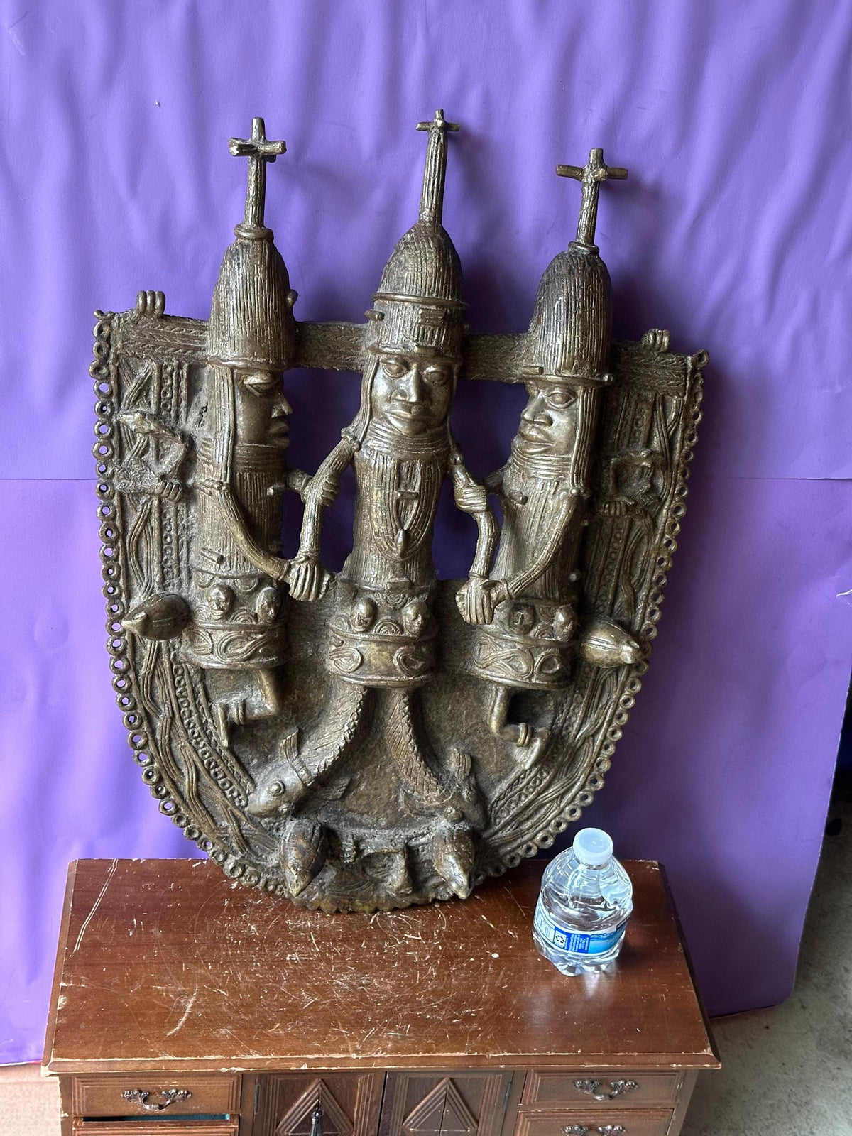 Huge 22" Benin Bronze Plaque | Oba with Mudfish Legs | African Wall Art Nigeria