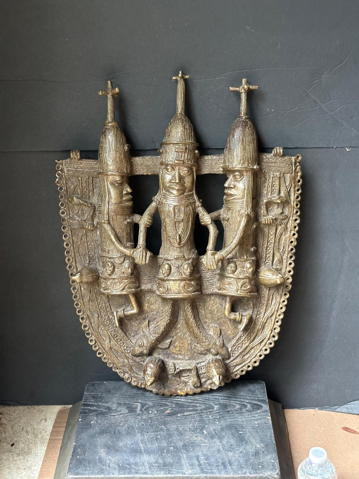 Huge 22" Benin Bronze Plaque | Oba with Mudfish Legs | African Wall Art Nigeria