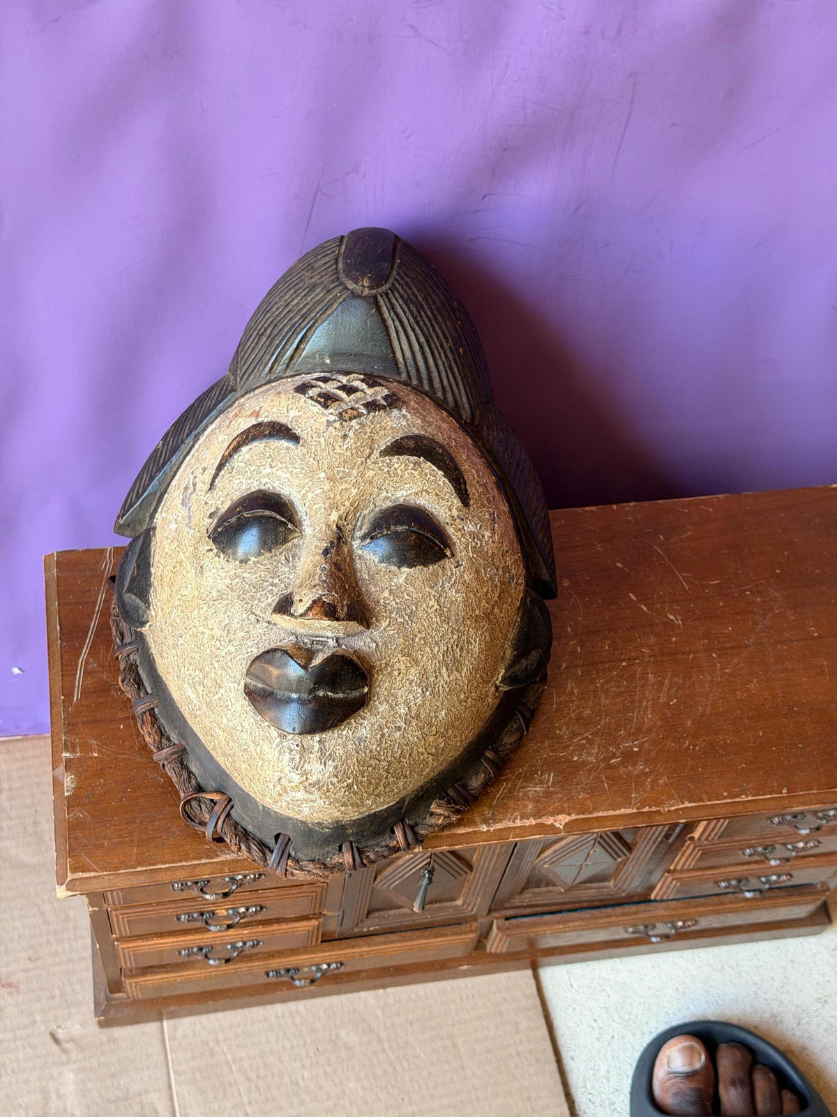 Vintage African Punu Okuyi Wooden Mask – White Kaolin Spirit Face (11")