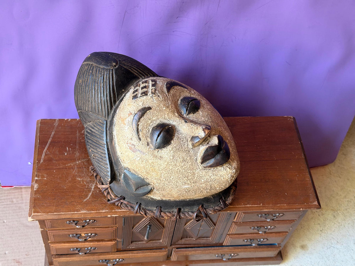 Vintage African Punu Okuyi Wooden Mask – White Kaolin Spirit Face (11")