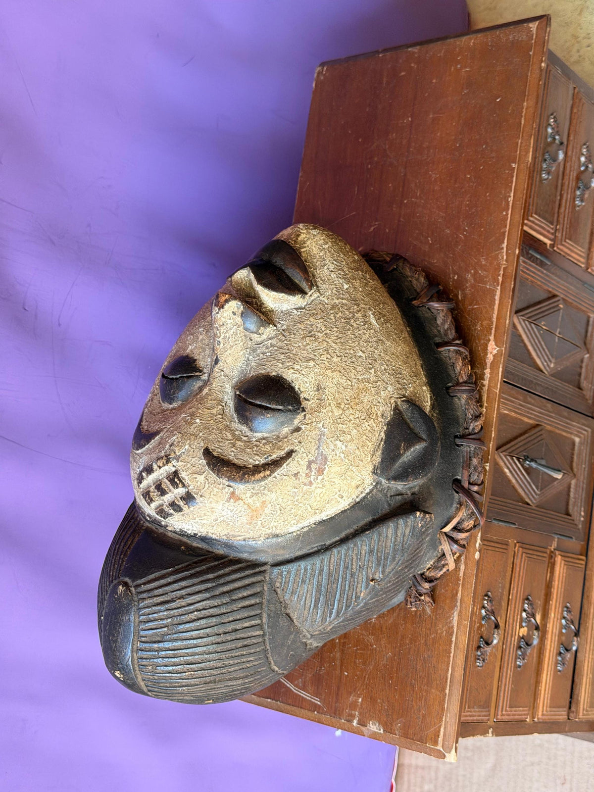 Vintage African Punu Okuyi Wooden Mask – White Kaolin Spirit Face (11")