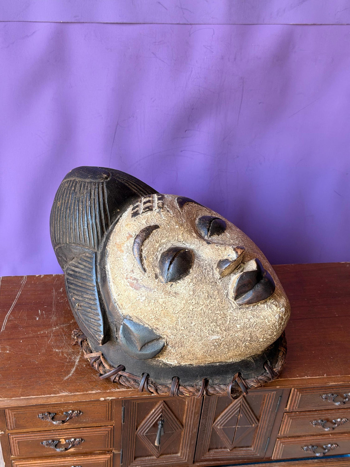 Vintage African Punu Okuyi Wooden Mask – White Kaolin Spirit Face (11")
