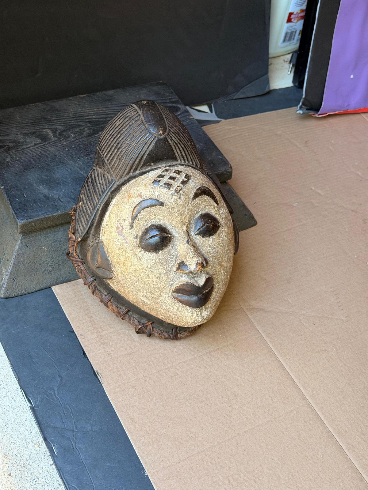 Vintage African Punu Okuyi Wooden Mask – White Kaolin Spirit Face (11")