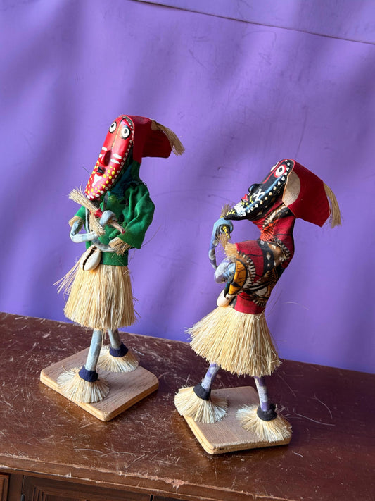 Set of 2 Handcrafted African Masquerade Dance Dolls Tribal Figures