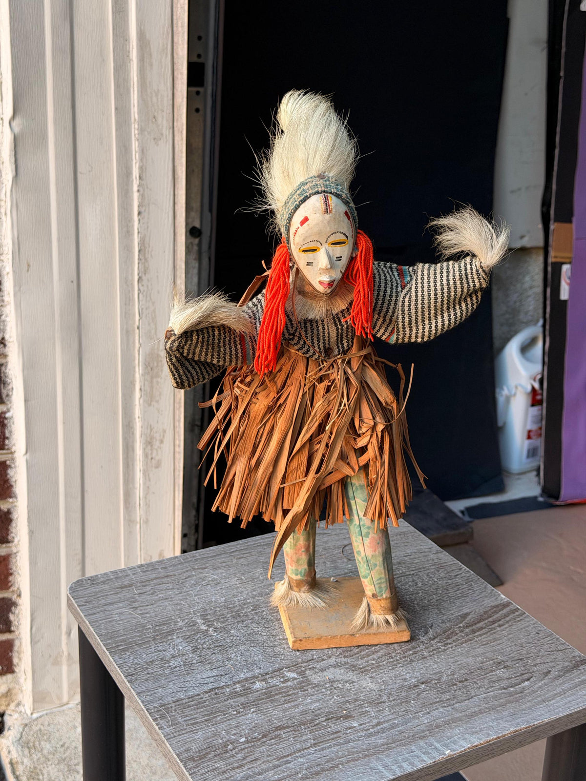 Vintage African Zaouli Dance Doll Guro Baule Cote d'Ivoire Wood Raffia 15"