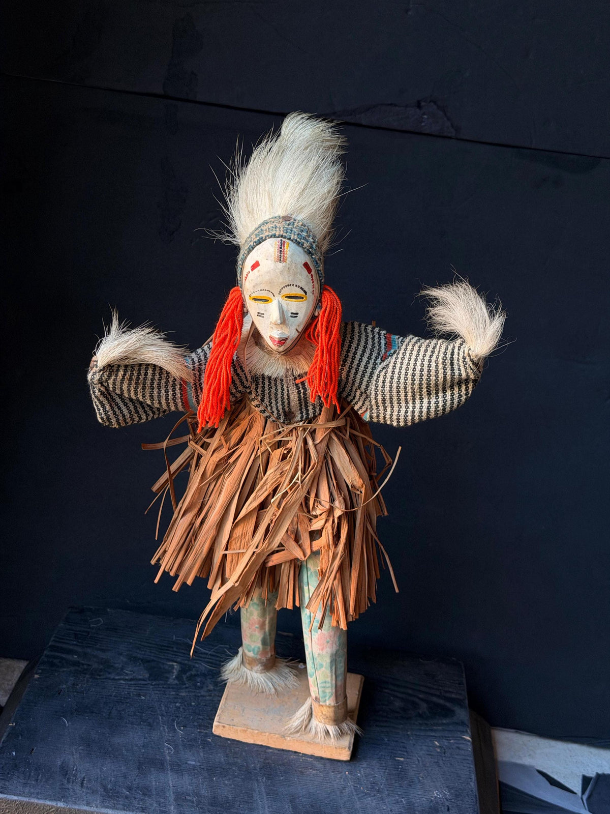 Vintage African Zaouli Dance Doll Guro Baule Cote d'Ivoire Wood Raffia 15"