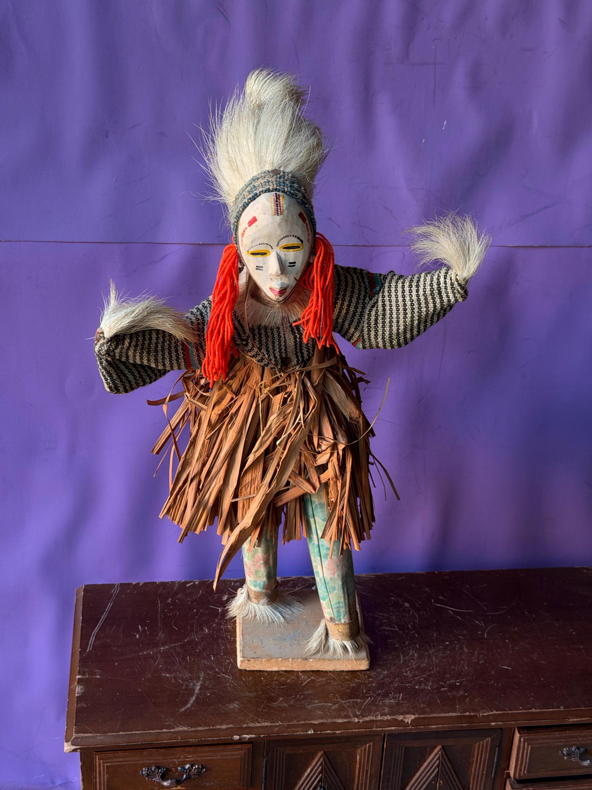 Vintage African Zaouli Dance Doll Guro Baule Cote d'Ivoire Wood Raffia 15"