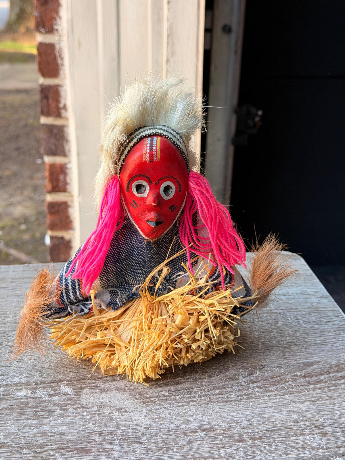 Vintage Seated African Zaouli Doll Red Mask Guro Baule Tribal Art 7"