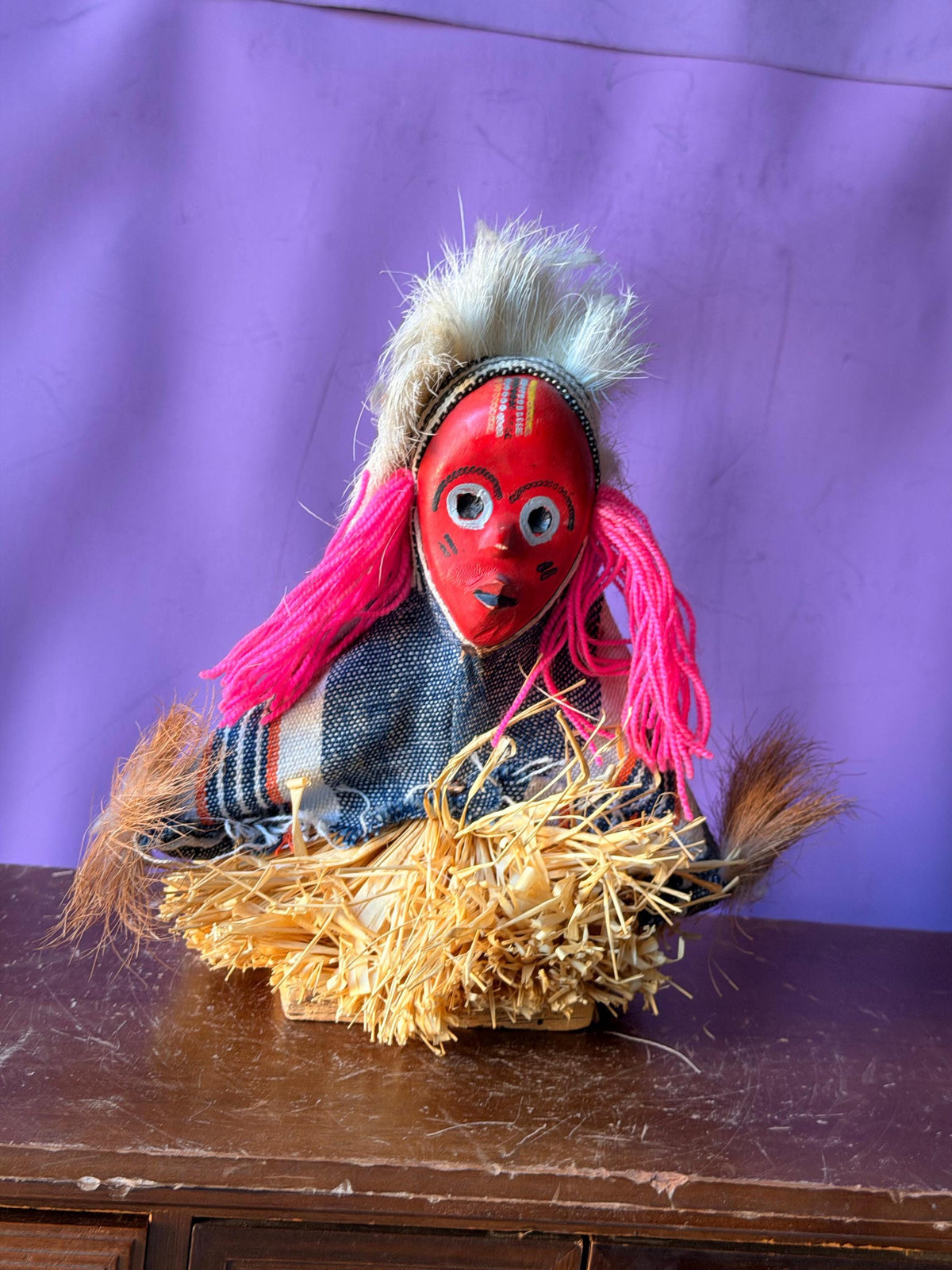 Vintage Seated African Zaouli Doll Red Mask Guro Baule Tribal Art 7"