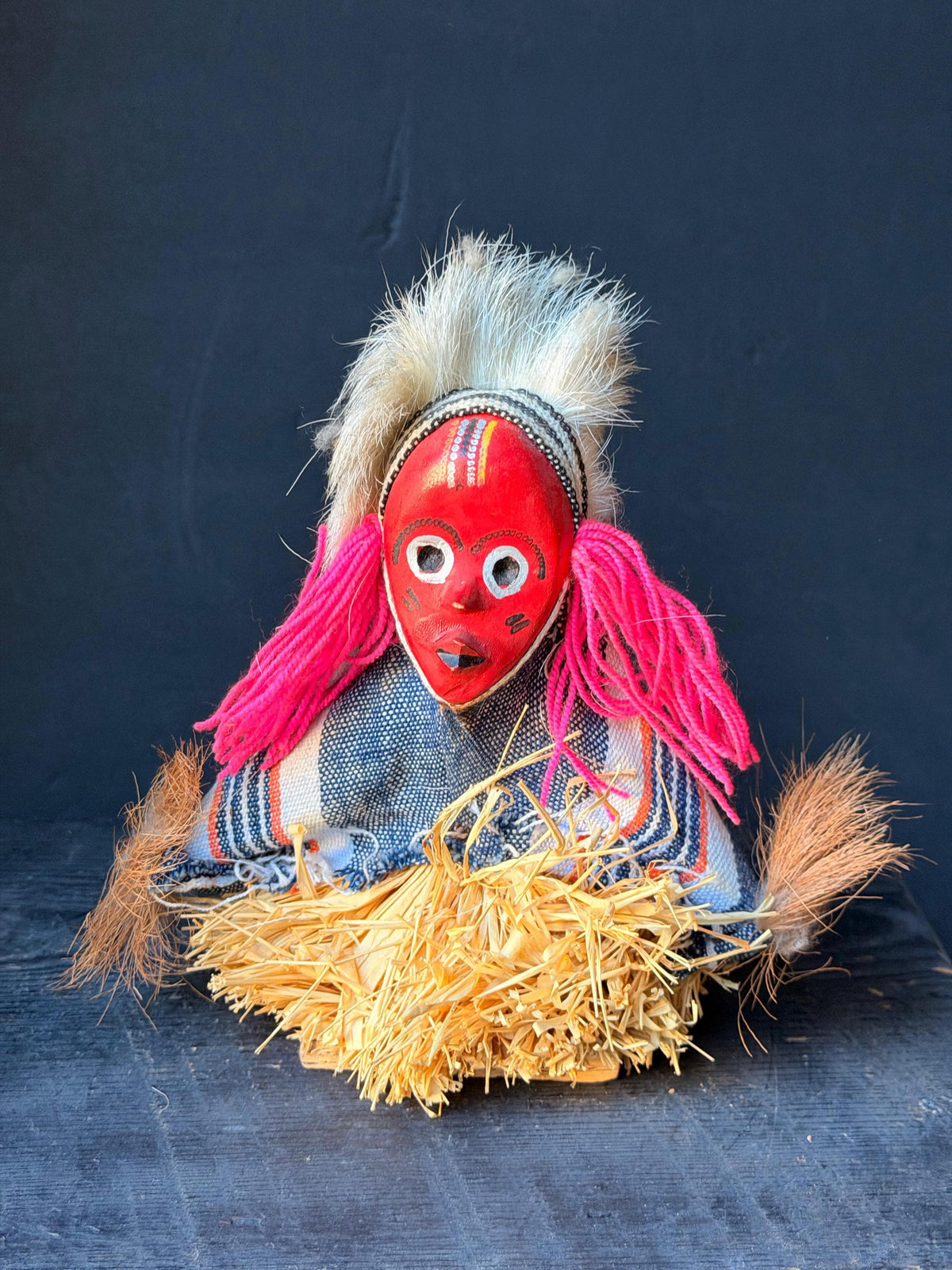 Vintage Seated African Zaouli Doll Red Mask Guro Baule Tribal Art 7"