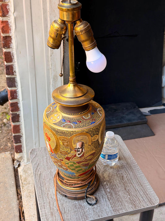Vintage Japanese Satsuma Vase Lamp Gold Moriage Double Socket Asian Decor 21"