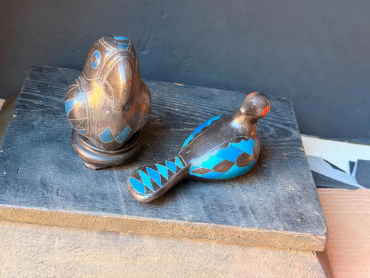 Vintage Mexican Barro Negro Bird Sculptures Oaxaca Black Pottery Owl & Bird