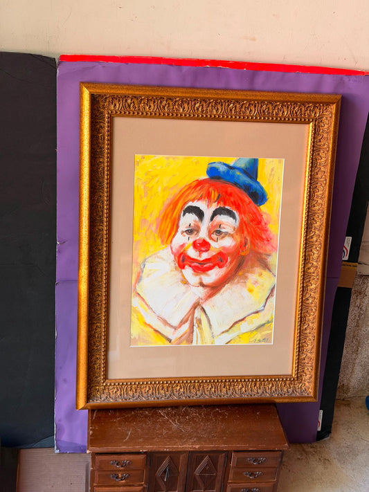Vintage Framed Clown Painting Signed J. Martel | Mid-Century Folk Art 29x23